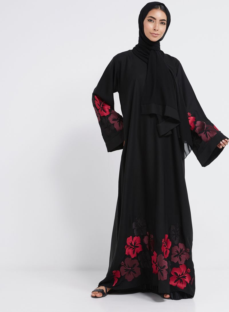 Patchwork Floral Embroidered Abaya Black
